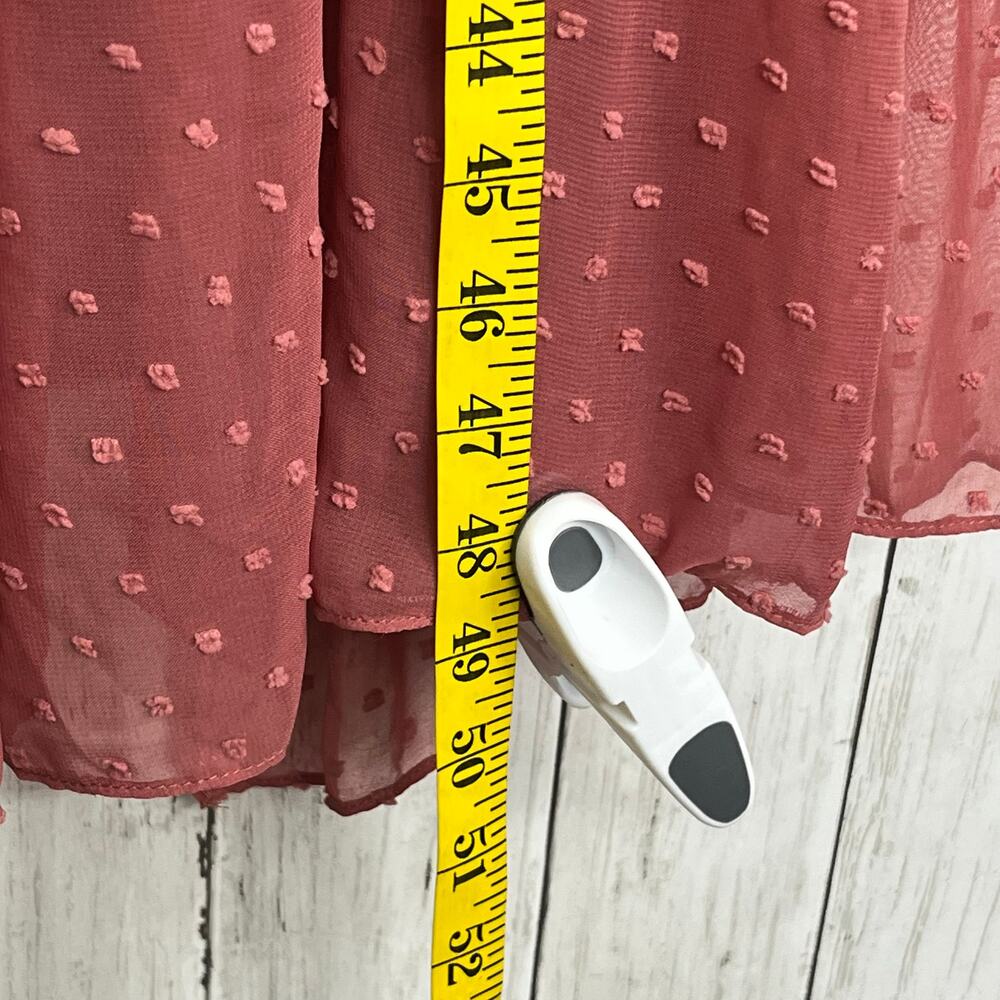 Lulus Next To You Rusty Rose Swiss Dot Ruffled Fairy Cottage Midi Slit Dress - Picture 10 of 11